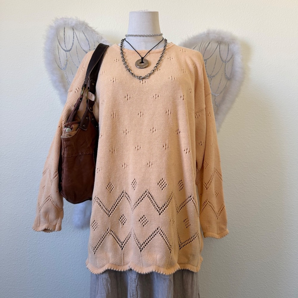 Cottagecore Grandma Core Peach Pointelle Knit Ramie Cotton Sweater Scalloped VTG